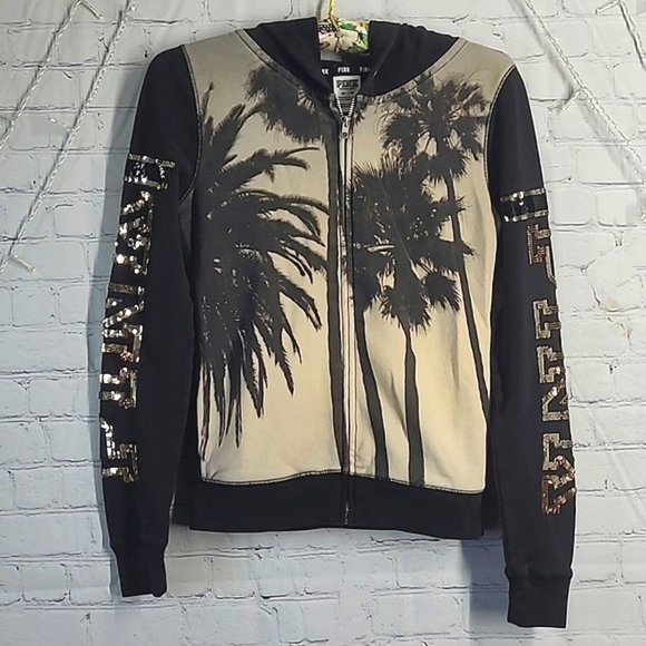 2014 RARE Victoria's Secret PINK Palm Tree Sequin Logo Spellout Hoodie Size XS - Picture 3 of 17